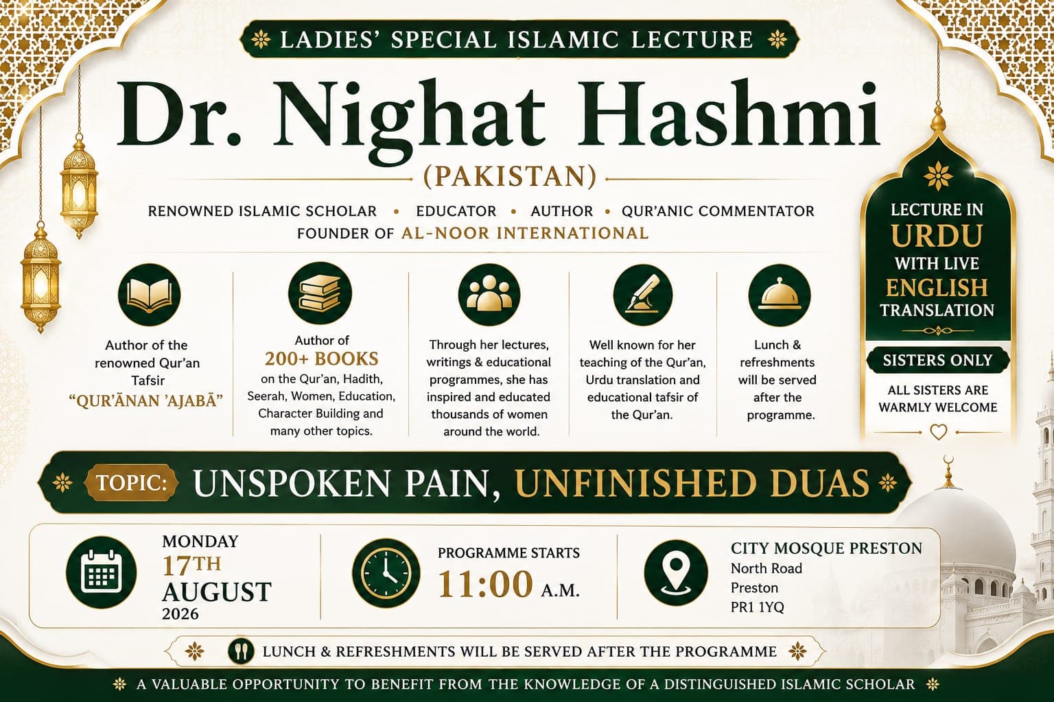 Ladies’ Special Islamic Lecture — Dr. Nighat Hashmi (Pakistan) poster